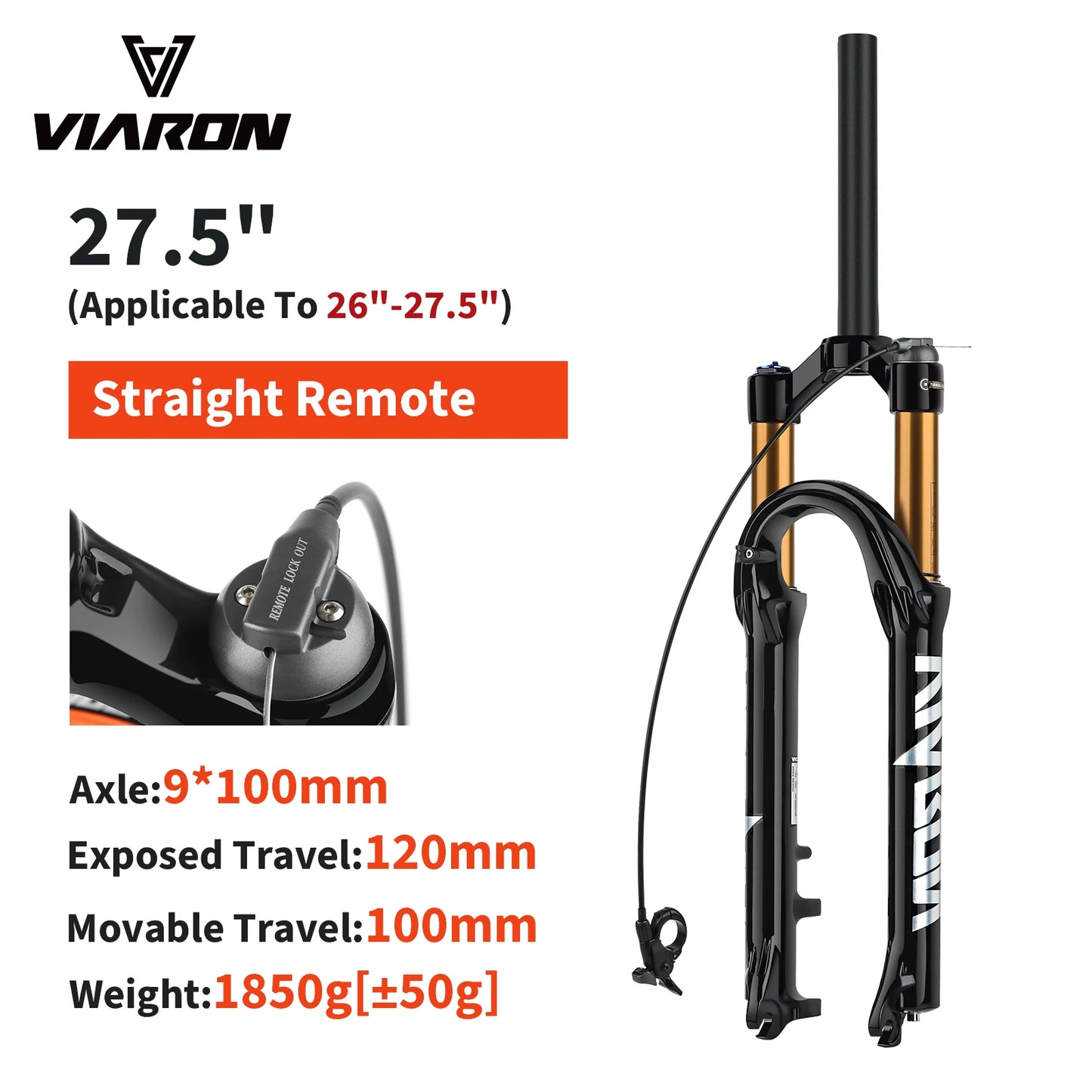 VIARON MTB Air Suspension Fork 120mm Travel 26/27.5/29" QR 9x100mm Straight Steerer