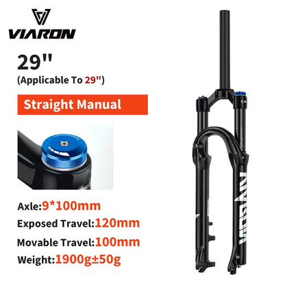 VIARON MTB Air Suspension Fork 120mm Travel 26/27.5/29" QR 9x100mm Straight Steerer