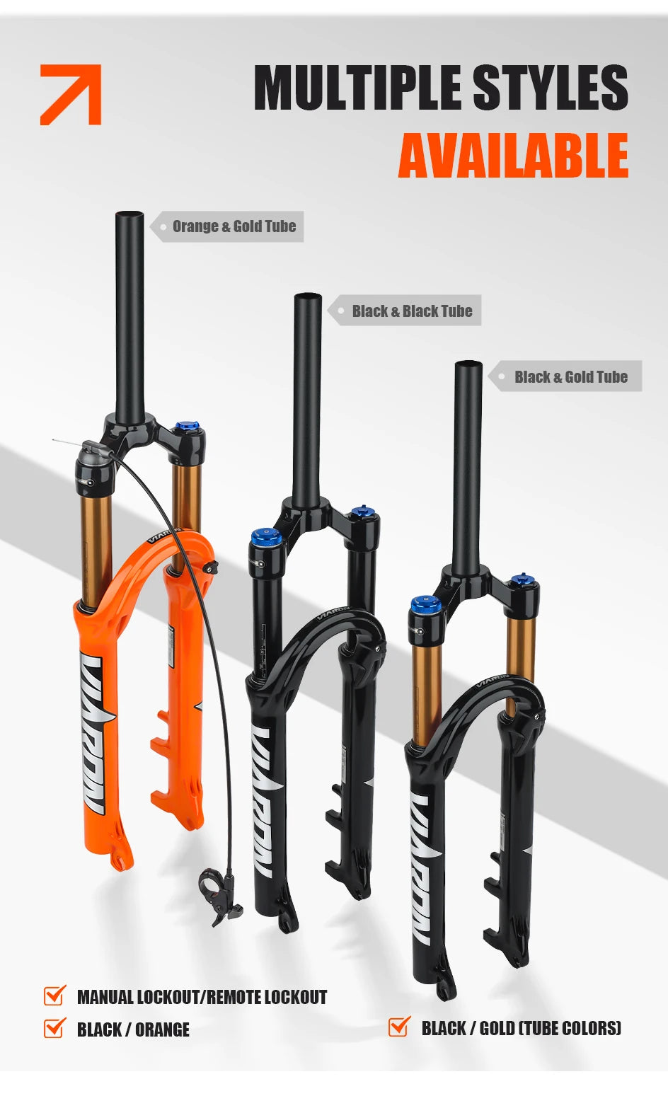 VIARON MTB Air Suspension Fork 120mm Travel 26/27.5/29" QR 9x100mm Straight Steerer