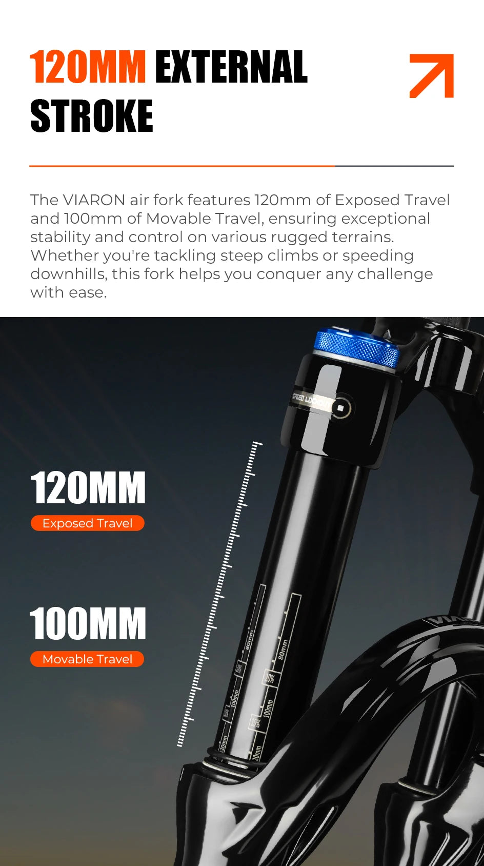 VIARON MTB Air Suspension Fork 120mm Travel 26/27.5/29" QR 9x100mm Straight Steerer