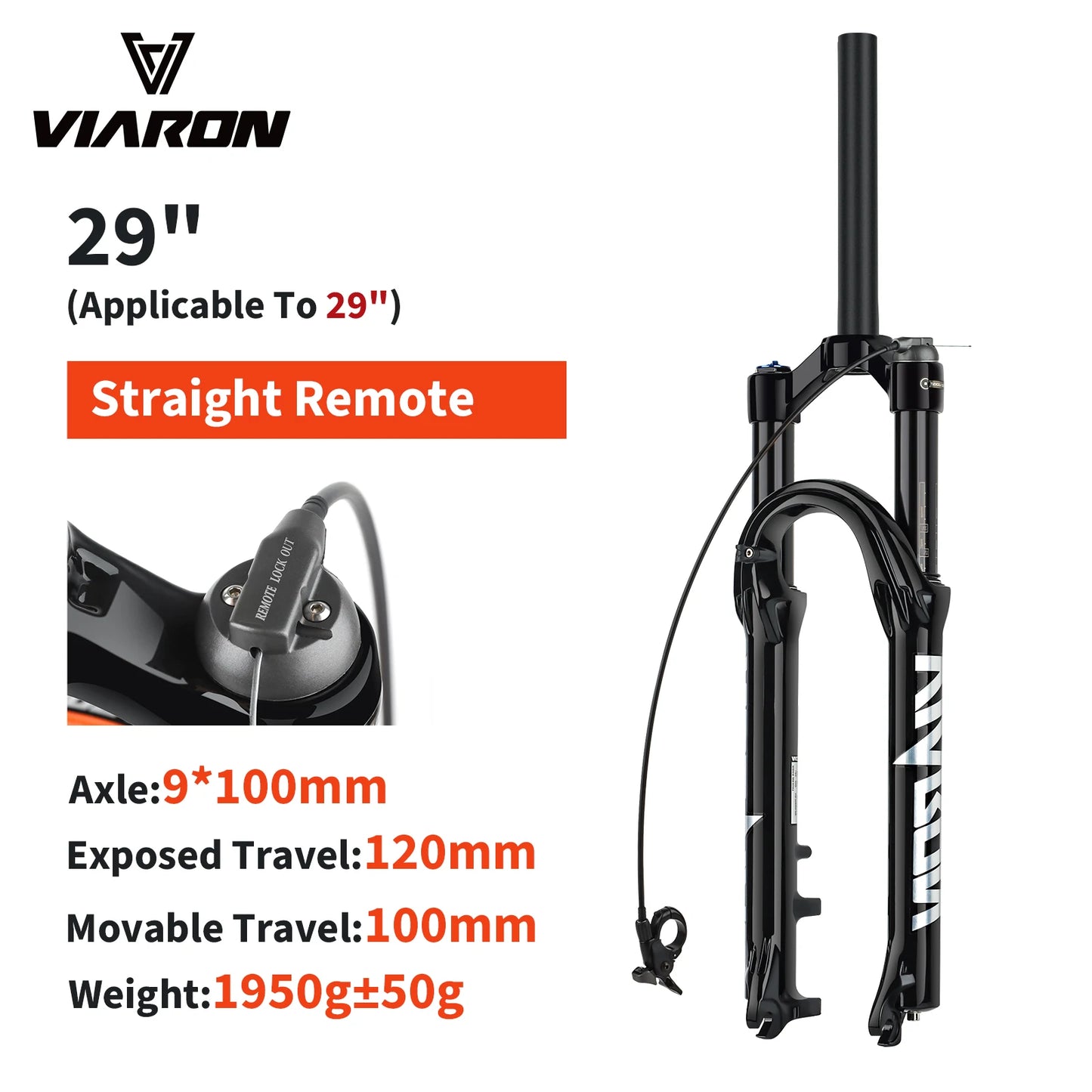 VIARON MTB Air Suspension Fork 120mm Travel 26/27.5/29" QR 9x100mm Straight Steerer