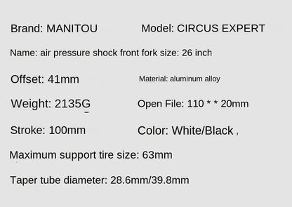 Manitou Circus Expert DJ Fork 26" Air Suspension Fork 100mm Travel 110x20mm Boost Tapered