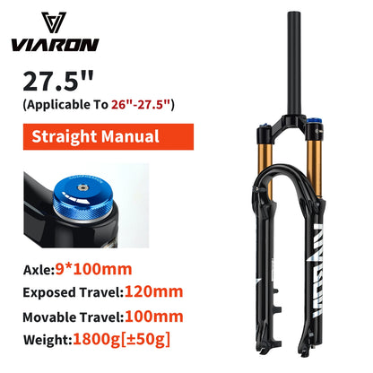 VIARON MTB Air Suspension Fork 120mm Travel 26/27.5/29" QR 9x100mm Straight Steerer