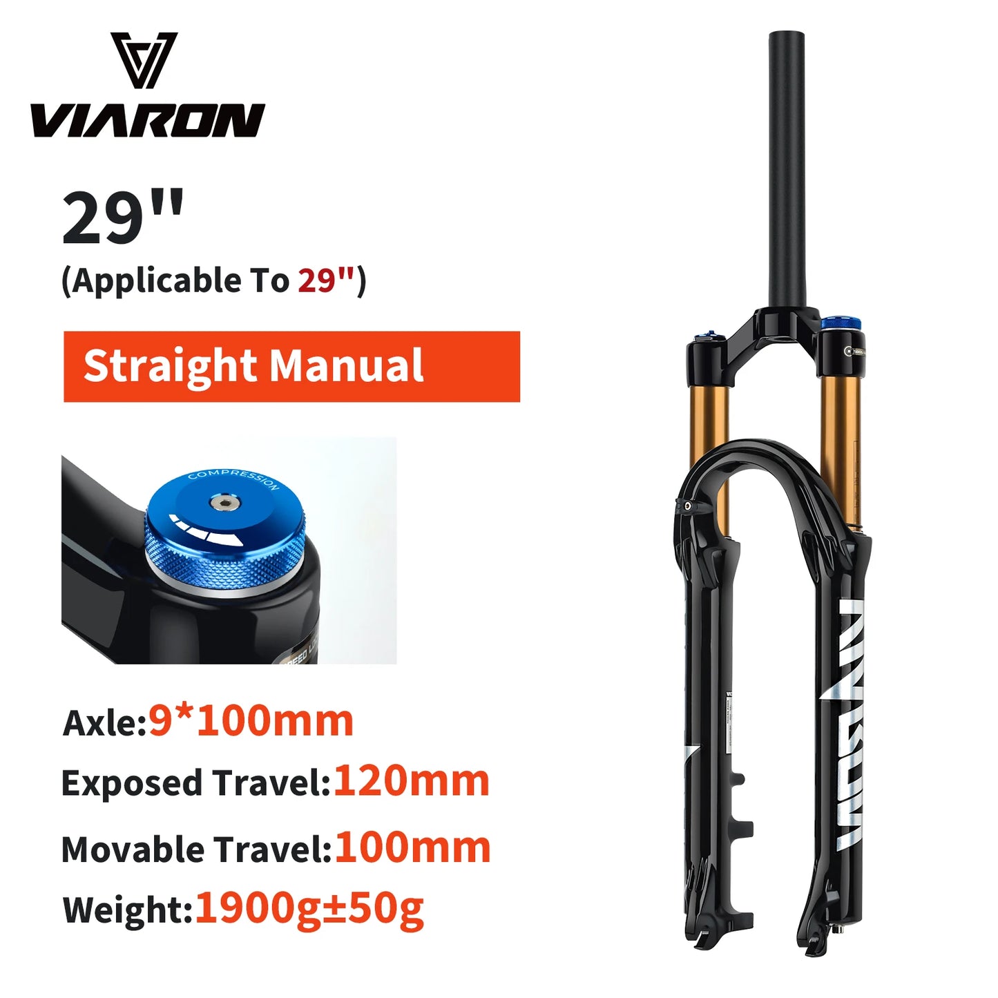 VIARON MTB Air Suspension Fork 120mm Travel 26/27.5/29" QR 9x100mm Straight Steerer