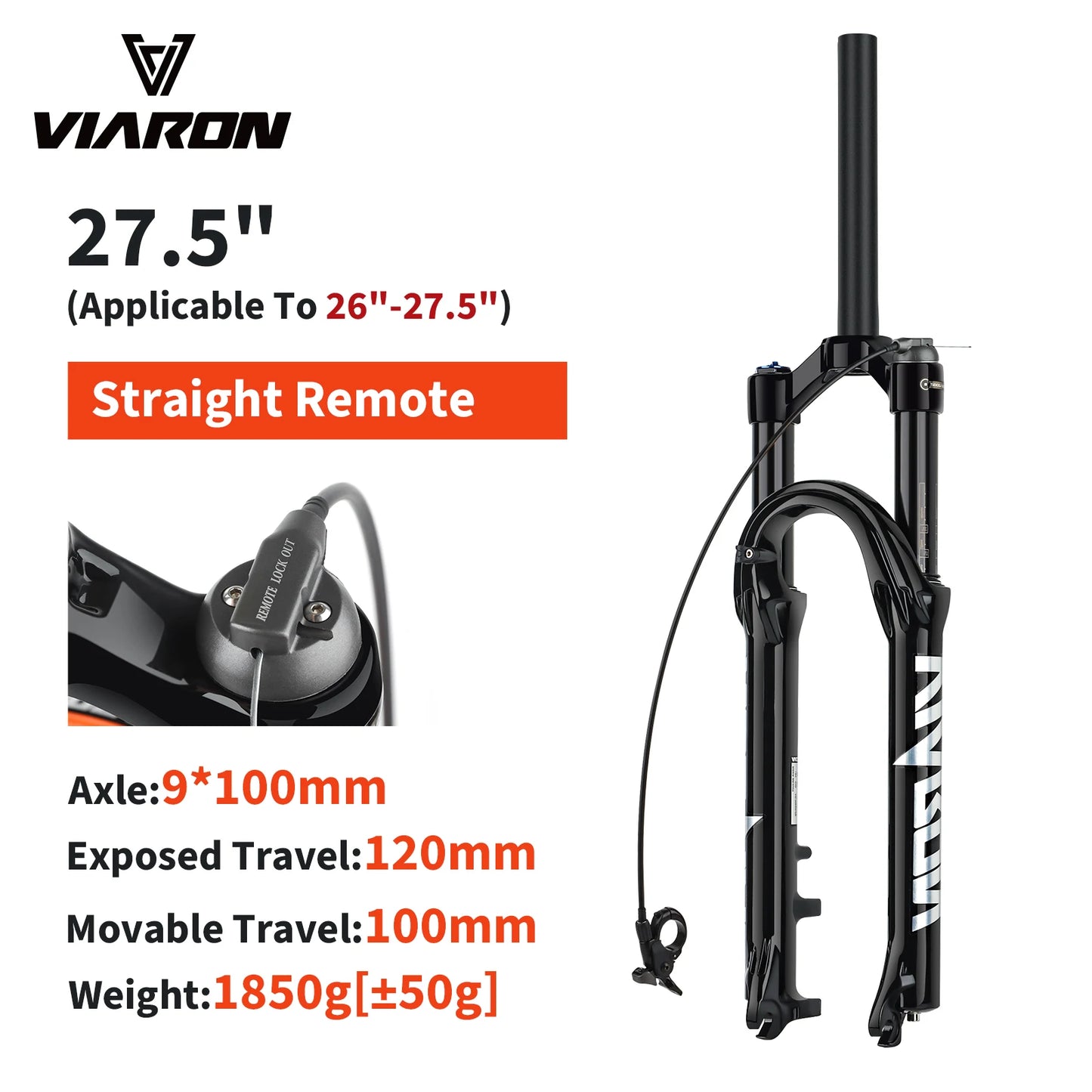 VIARON MTB Air Suspension Fork 120mm Travel 26/27.5/29" QR 9x100mm Straight Steerer