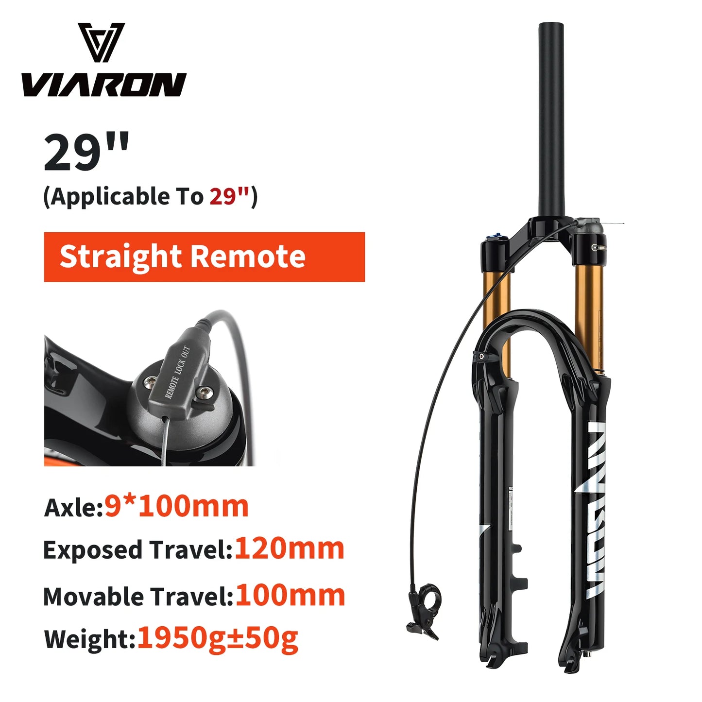 VIARON MTB Air Suspension Fork 120mm Travel 26/27.5/29" QR 9x100mm Straight Steerer