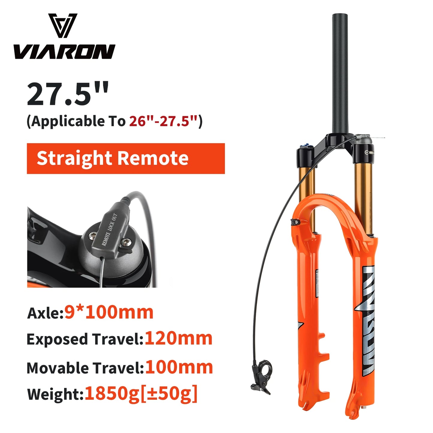 VIARON MTB Air Suspension Fork 120mm Travel 26/27.5/29" QR 9x100mm Straight Steerer