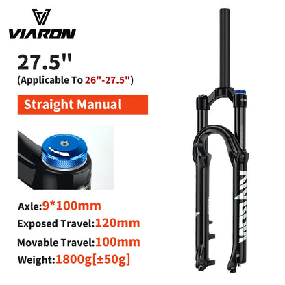 VIARON MTB Air Suspension Fork 120mm Travel 26/27.5/29" QR 9x100mm Straight Steerer