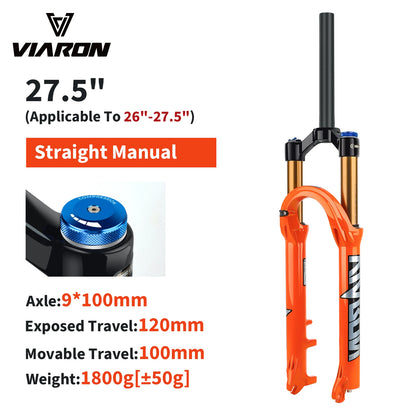 VIARON MTB Air Suspension Fork 120mm Travel 26/27.5/29" QR 9x100mm Straight Steerer