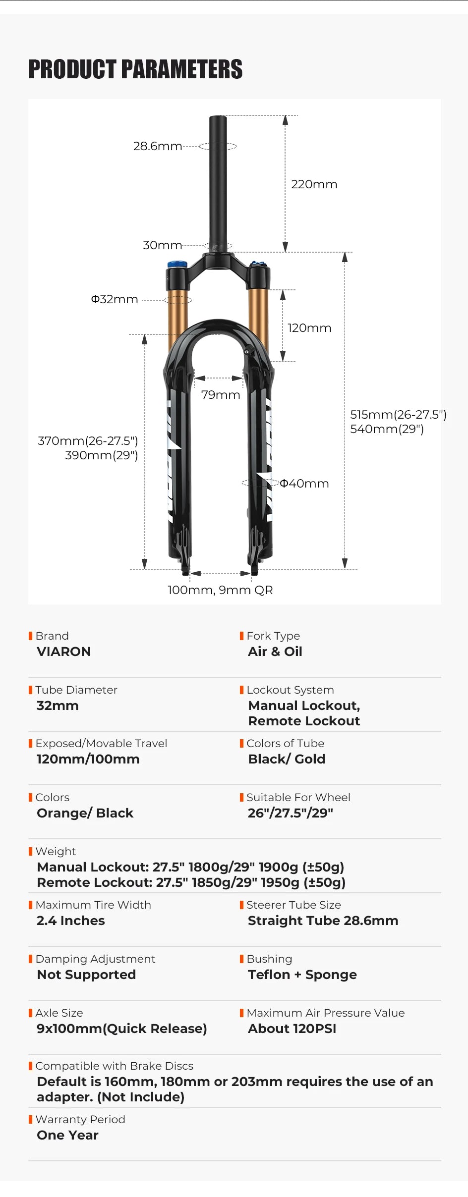 VIARON MTB Air Suspension Fork 120mm Travel 26/27.5/29" QR 9x100mm Straight Steerer